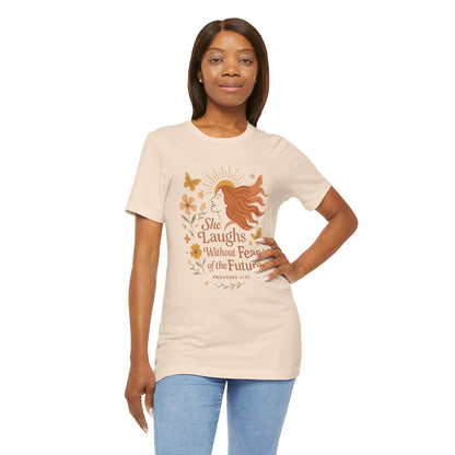 she laughs without fear of the future woman's t-shirt